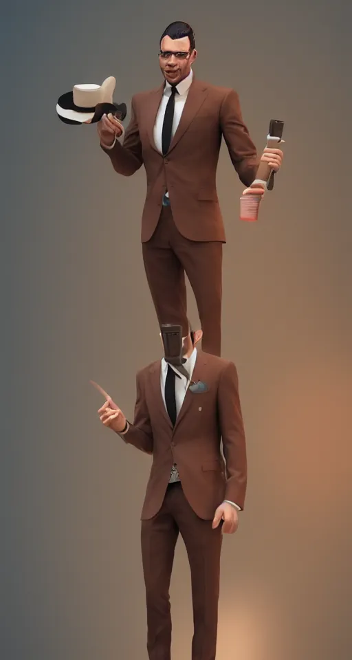 Prompt: a rich daddy, 3 6 years old, wear brown suits, stubble, cramel hair, character concept art, octane render, trending by artstation, artbreeder