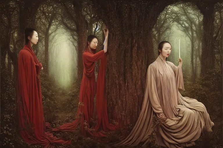 Image similar to wuxia, forest, moonlight, intricate beautiful faces, painting by agostino arrivabene, vanessa beecroft, anka zhuravleva, mary jane ansell, peter mohbacher, gerald brom