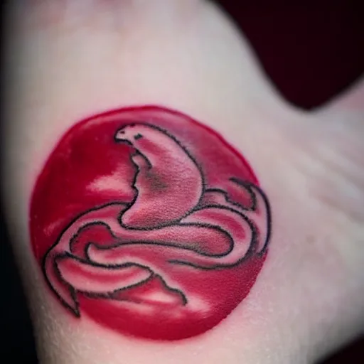 Image similar to partly used command seal tattoo in red ink on the back of hand