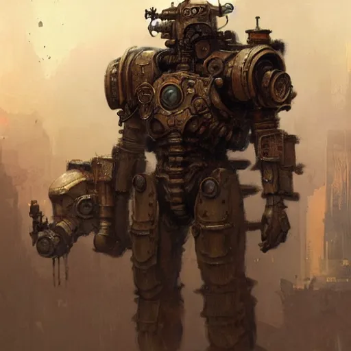 Prompt: concept art of a giant wearing steampunk power armor. illustration, gritty, roman, artgerm, by craig mullins, by gaston bussiere, by greg rutkowski, stylized, trending on artstation, intricate, digital painting, fantasy illustration