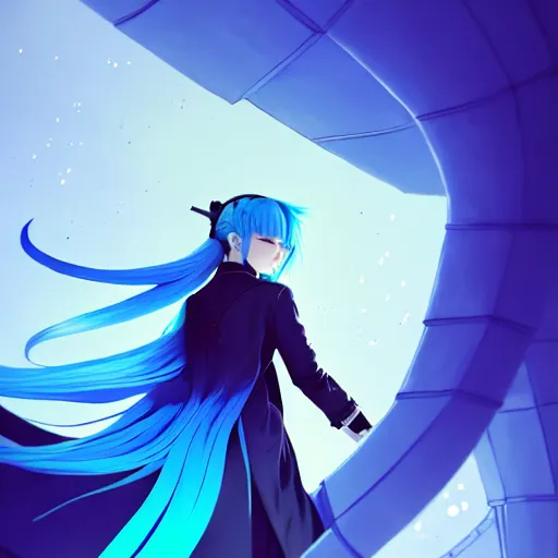 Prompt: low - angle shot from behind of a long light blue - haired girl in a blue tailcoat with a scabbard, combat boots, noir, screenshot, sharp focus, intricate, illustration, cell shaded, digital painting, highly detailed, straight hair, art by ilya kuvshinov, wlop, greg rutkowski, studio quality, james jean