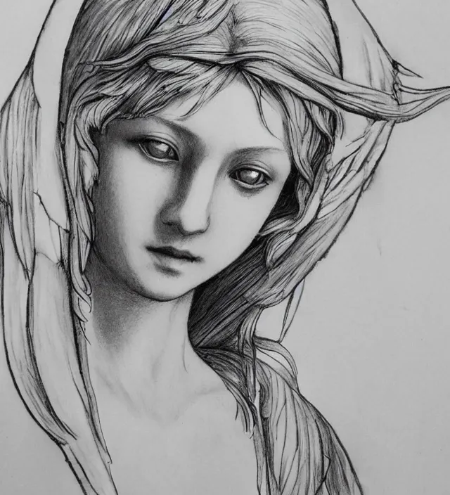 Image similar to davinci biblical alchemy art brush ink 3 d drawing of a beautiful angel girl epic photorealistic portrait in squareenix miura kentaro sorayama technoir noir style detailed trending award winning