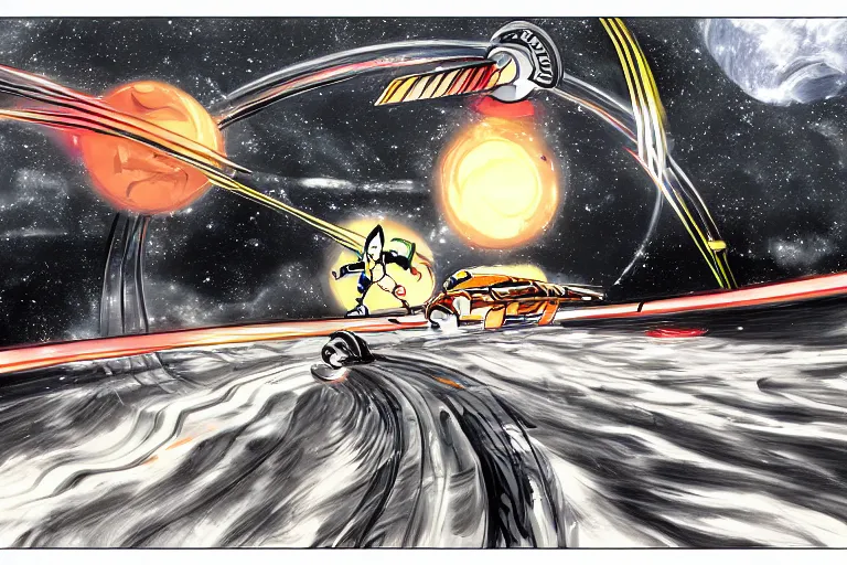 Prompt: anime drawing of a car race on the rings of saturn