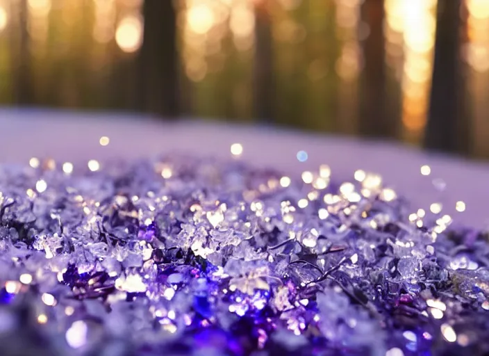 Image similar to a magical forest with crystal flowers that glow in the dusk, close up, bokeh,