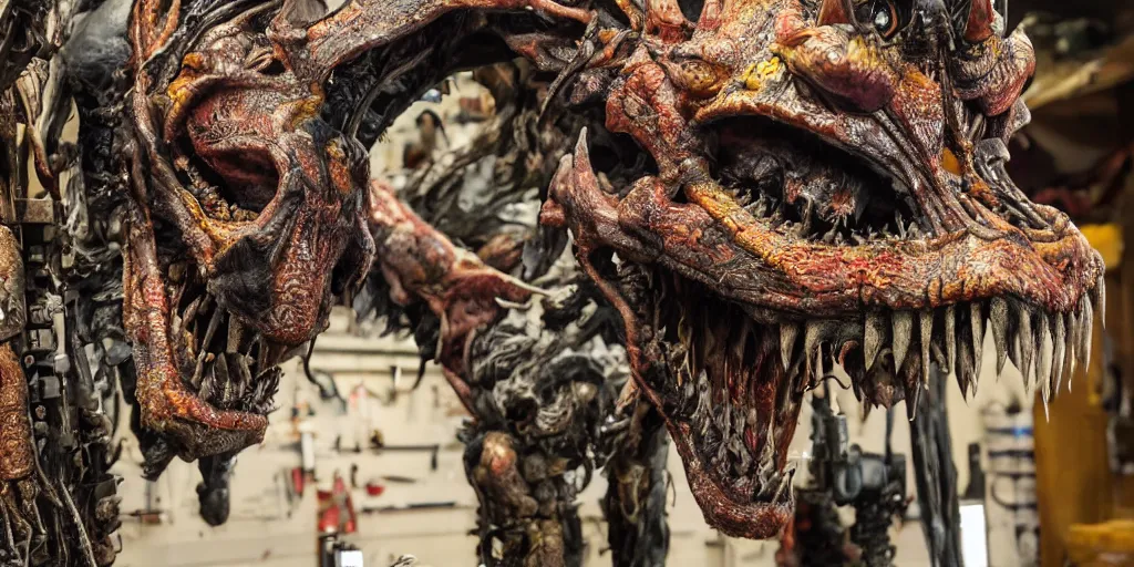 Prompt: photo taken of an epic intricate, ultra detailed, super realistic gritty, hero prop, exquisitely painted animatronic movie prop of a nightmarish hellish creature displayed in the workshop, created by weta workshop, full body shot, photorealistic, sharp focus