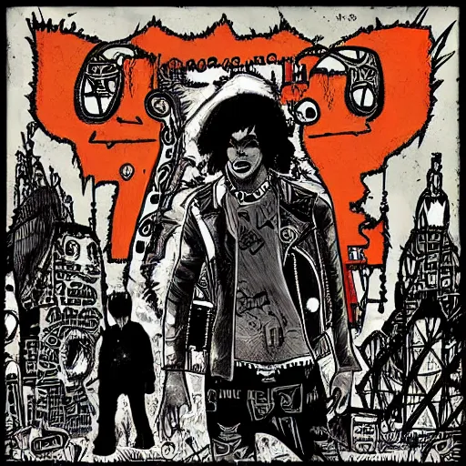 Image similar to punk album cover, black, white, orange, psychedelic, in the style of enki bilal,