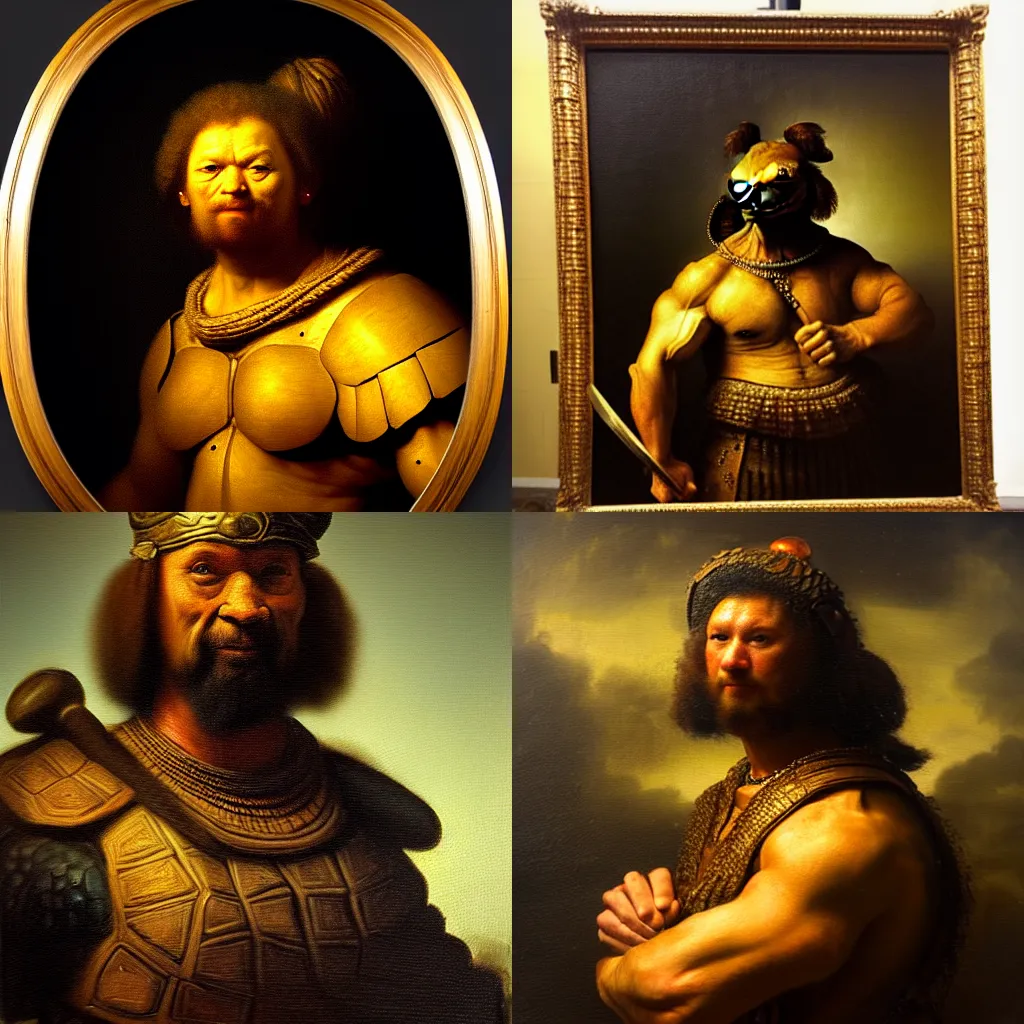 Prompt: subject: muscular oversized tortoise warrior in medium shot backlight portrait, style: very heavy textured rembrandt oil painting with dramatic light