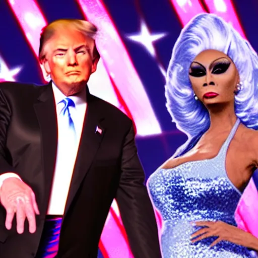 Image similar to donald trump in drag on ru paul's drag race