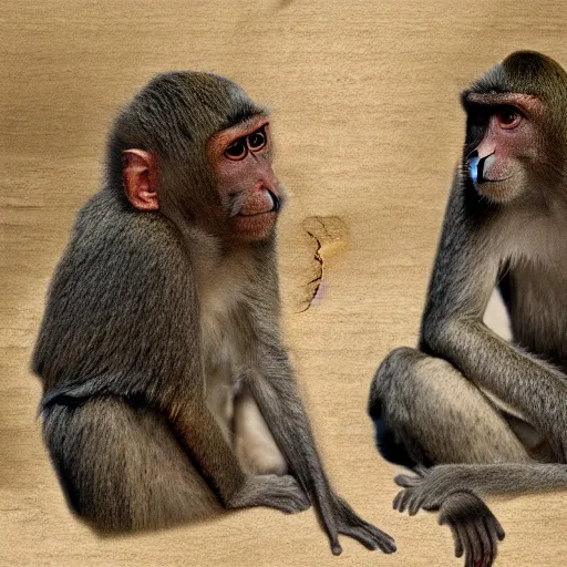 Prompt: two macaques looking at each other inside victorian mansion, digital art, soft shadows, creepy art, flare effect