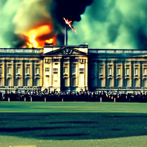 Prompt: photography of Buckingham palace in flames, dark smoke, VFX, cinematic, rule of thirds, golden ratio, evening