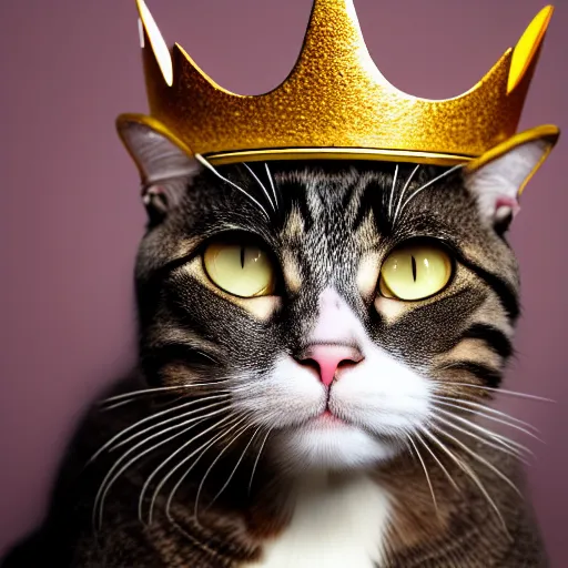 Prompt: a cat wearing a king's crown,studio photograph,professional photography,professional lighting,3 point lighting,detailed face,hyperdetailed,photorealistic,4k