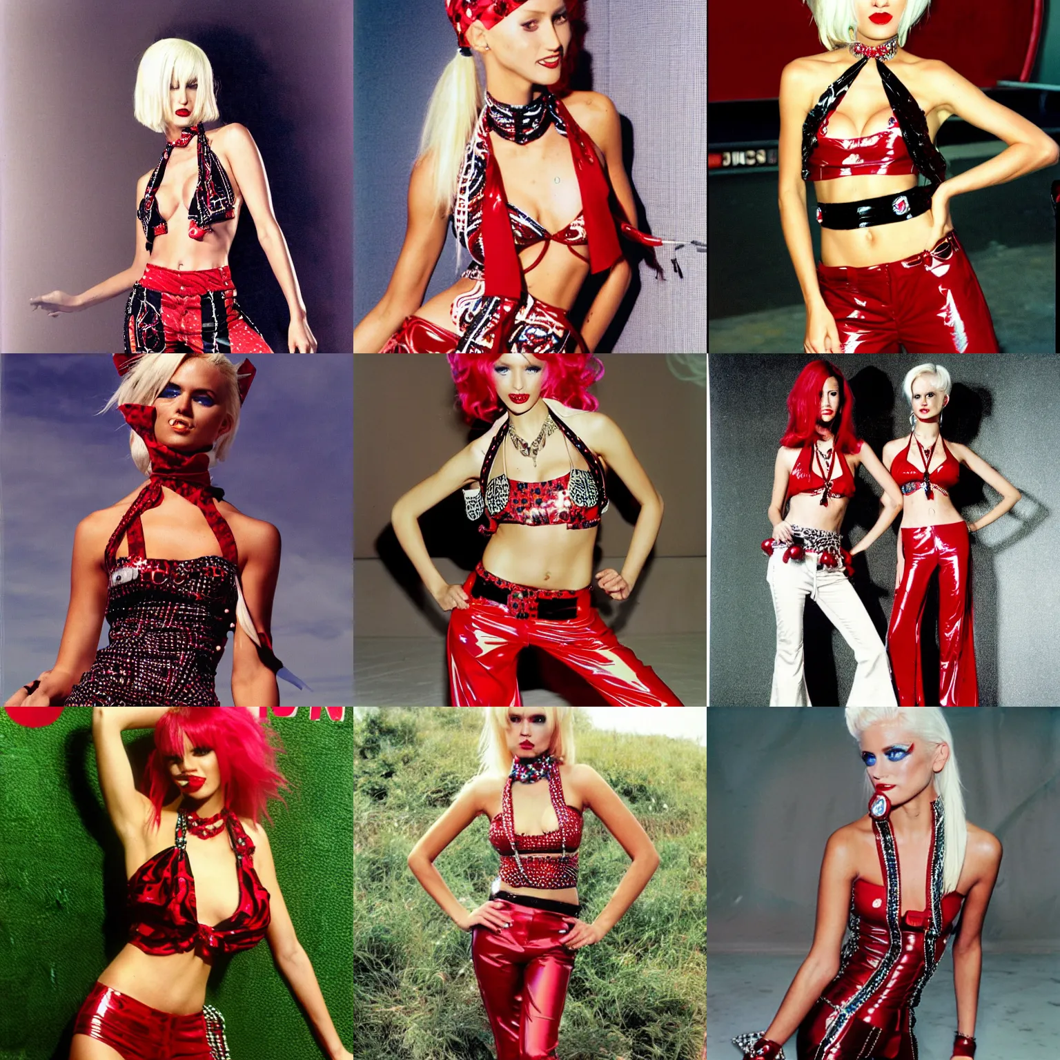 Prompt: fashion editorial photo. platinum blonde with cherry red peekaboo accent extensions, bandana paisley print halter top - red, patent leather cherry red flare bellbottom trousers, dance beaded swarovski neckline. mtv vma live 2 0 0 0