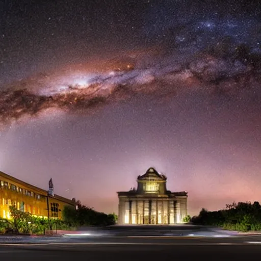 Prompt: courthouse on fire at night with the milky way in the sky, award winning photo, 8k hyperrealistic