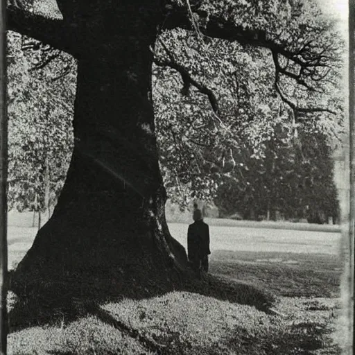 Image similar to shadow monster hiding behind a tree, vintage photo, eerie, 1920s