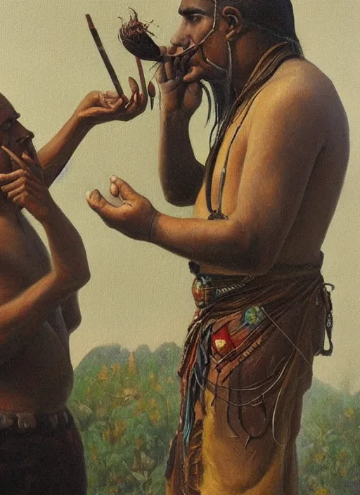 Image similar to a beautiful painting of an indigenous man blowing tobacco snuff into the nose of another man , fantasy art, matte painting, highly detailed