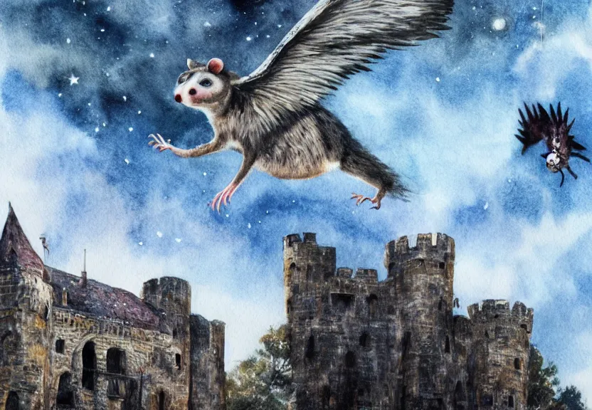 Image similar to Threatening winged possum flying over a medieval castle under a dark starred sky, dark fantasy, watercolor, dreaming illusion, highly detailed, 4k, trending on Artstation, award-winning