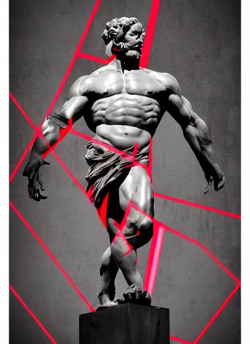 Image similar to dark design poster showing a statue of hercules, black background with very subtle red and purple design elements, powerful, nekro, vito acconci, graphic design, collage art, subtle thin lines, dark, glitch art, neo vaporwave, gritty, layout frame, square, trending on artstation