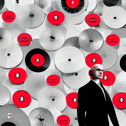 Image similar to a portrait of agent 4 7 from hitman wearing headphones, standing in front of a wall of vinyl records, dark background, red rim light, highly detailed, digital art, artstation, concept art, smooth, sharp focus, greg rutkowski, wlop