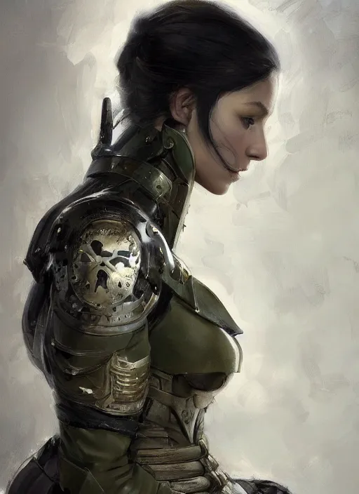 Image similar to a professional painting of a beautiful young female, clothed in military armor, olive skin, long dark hair, beautiful bone structure, symmetrical facial features, intricate, elegant, digital painting, concept art, smooth, sharp focus, illustration, from Metal Gear, by Ruan Jia and Mandy Jurgens and Artgerm and William-Adolphe Bouguerea