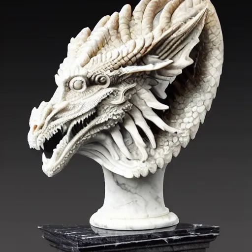 Prompt: beautiful ancient marble bust of a handsome dragon in a museum, 4k museum photography, detailed renaissance sculpture of a dragon
