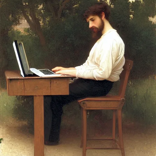 Image similar to an oil painting of an man playing a laptop, by Bouguereau, highly detailed and intricate,