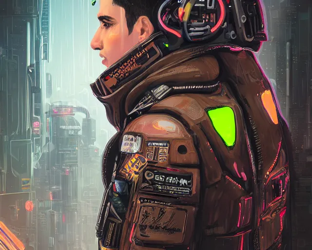 Image similar to detailed portrait neon guard man with short brown hair seen from the back, cyberpunk futuristic, reflective puffer jacket, black leggings, decorated with traditional ornaments in front of a dystopian crowd with piles of garbage perfect face, fine details, realistic shaded, fine - face, pretty face by rossdraws