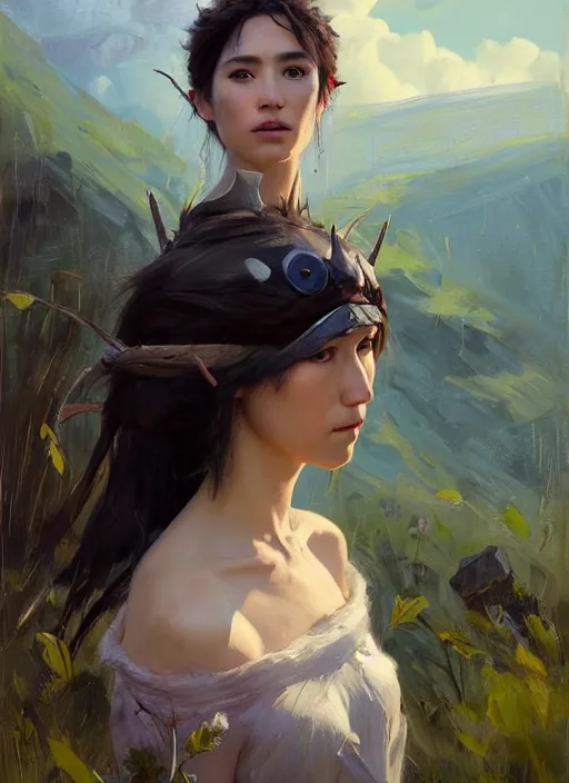 Image similar to portrait of Princess Mononoke, countryside near forest, calm, fantasy character portrait, dynamic pose, above view, sunny day, thunder clouds in the sky, artwork by Jeremy Lipkin and Giuseppe Dangelico Pino and Michael Garmash and Rob Rey, very coherent asymmetrical artwork, sharp edges, perfect face, simple form, 100mm