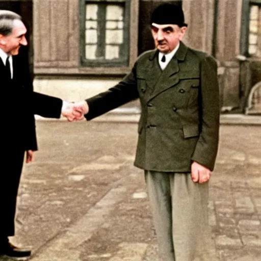 Image similar to A still of Mr Bean shaking hands with Hitler