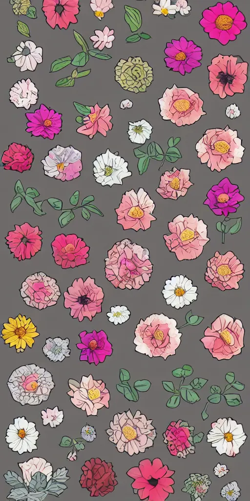 Image similar to flowers, unused sticker sheet, display grid, 2 0 px gap