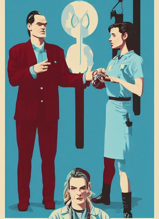 Prompt: Twin Peaks art, of Michael Shannon dressed as mechanic talking to Jennifer Connelly wearing light blue diner waitress dress, poster artwork by Tomer Hanuka, Sam Weber, Laurent Durieux, Katherine Lam, from scene from Twin Peaks, clean