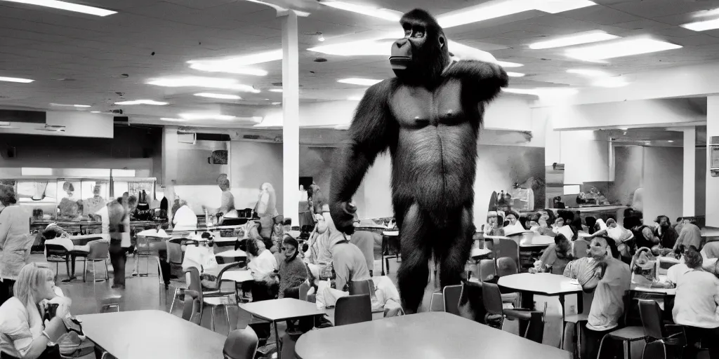 Prompt: big silverbaaack gorilla in cafeteria lunchroom, indoor lighting, 3 5 mm disposable camera