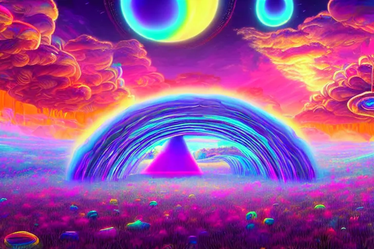 Image similar to a psychedelic realm with rolling plains made out of clouds, and giant portals scattered throughout that lead into the multiverse, in the style of wlop and lisa frank, illustration, epic, fantasy, hyper detailed, smooth, unreal engine, sharp focus, ray tracing