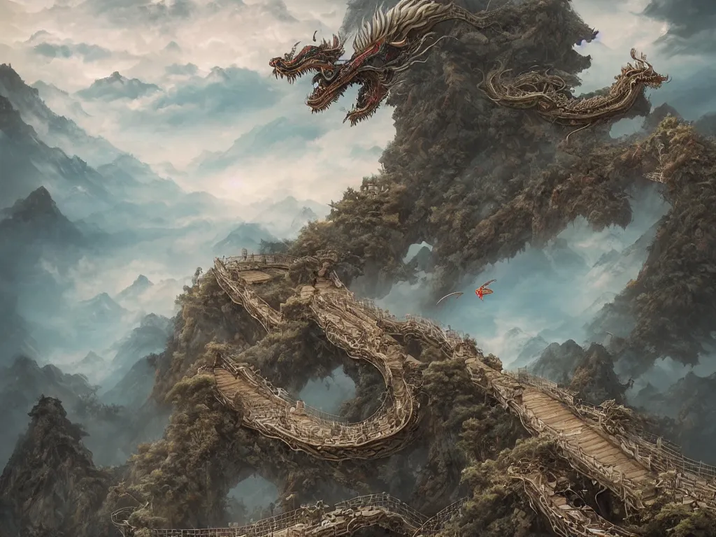 Image similar to a chinese dragon flies among the clouds over a mountain. below a shinto gate tops a stone stairway. by peter mohrbacher and dan mumford and nekro, cgsociety, volumetric light, 3 d render