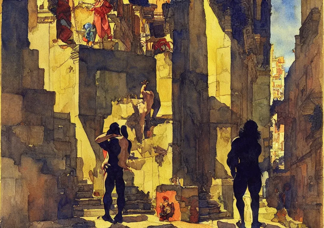 Prompt: vibrant watercolor of a punk latino greek god searching for a watchful light through the streets of a city, sparse detail, complementary color scheme, by george luks, caravaggio and moebius