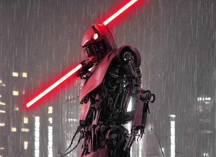 Image similar to 3 5 mm portrait photo of general grievous with heavy duty biomechanical cybernetic body with 4 arms holding 4 activated red lightsabers in the city in the rain. cyberpunk horror style.