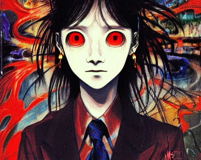 Prompt: vhs tape yoshitaka amano blurred and dreamy realistic three quarter view horror portrait of a sinister young woman with long hair, big earrings and white eyes wearing office suit with tie, evangelion color palette, junji ito abstract patterns in the background, satoshi kon anime, noisy film grain effect, highly detailed, renaissance oil painting, weird portrait angle, blurred lost edges