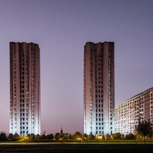 Image similar to a wide shot of a soviet beautiful brutalist monumental multi - building complex, with many rounded elements sprouting from the base tower creating a feel of an organic structure, photography shot at blue hour