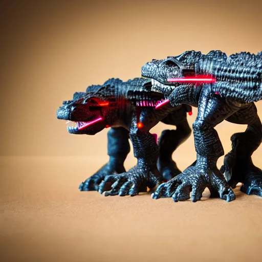 Prompt: threeheaded cyborg tyrannosaurus rex with lasers. 8 5 mm f / 1. 4