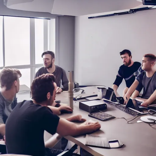 Image similar to group of european youtubers discussing how to become the biggest on the platform, octane render