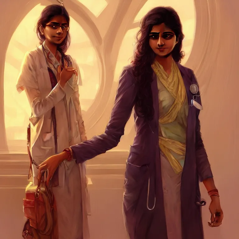 Prompt: Anxious pretty young Indian doctor in modern clothes waiting at the airport, portrait, sci-fi face, elegant, highly detailed, digital painting, artstation, concept art, smooth, sharp focus, illustration, art by artgerm and greg rutkowski and alphonse mucha