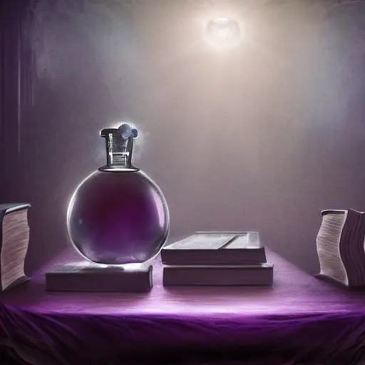 Image similar to dark purple highly poisonous potion, lit by a single ray of sunlight, on a table full of books in a dusty vintage science lab, hyperrealistic fantasy art, concept matte, ethereal, dreamy, digital art, trending on arstation, volumetric cinematic lighting