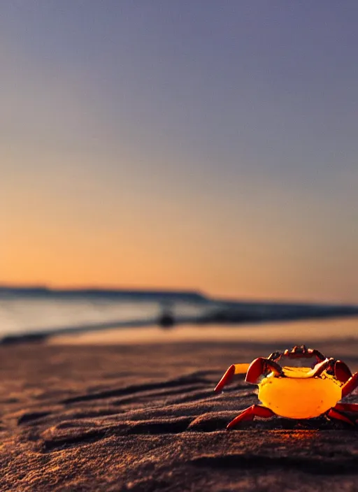 Image similar to a happy crab beside a beer at the beach, golden hour, bokeh, 4k