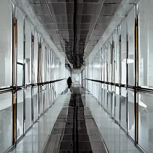 Prompt: an infinite hallway made of mirrors