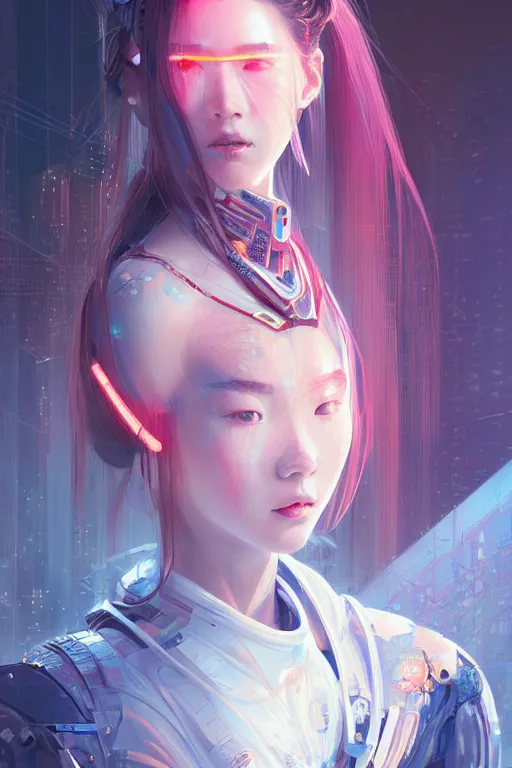 Image similar to portrait futuristic Samurai Girl, in future cyberpunk tokyo rooftop , ssci-fi, fantasy, intricate, very very beautiful, elegant, human anatomy, neon light, highly detailed, digital painting, artstation, concept art, smooth, sharp focus, illustration, art by tian zi and WLOP and alphonse mucha