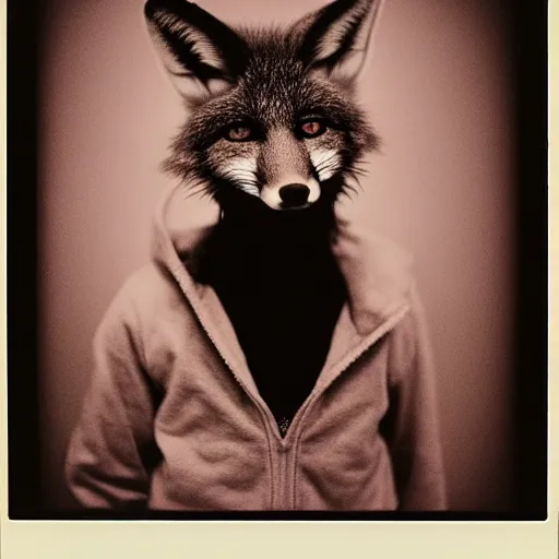 Prompt: medium-shot neat polaroid photo of a fox in a hoodie, 80s, colour, by Andy Warhol