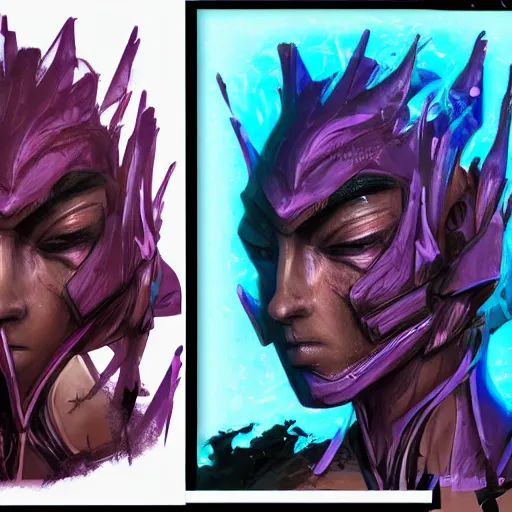 Image similar to character design sketch humanoid by ahmet atil akar, concept art character, cyberpunk fashion, with body made of purple lava and fire, profile portrait, marvelous designer, fantasy, painted, 4 k, high detail, sharp focus, trending in artstation