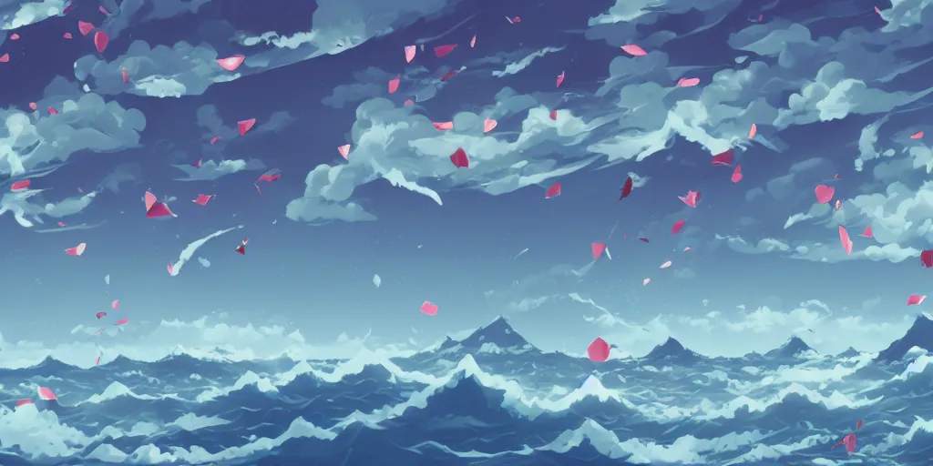 Prompt: background art of flying longswords flowing and floating through the slicing through directional wind on a simple cloudy sky background featuring an enormous tsunami, big puffy clouds, large individual rose petals, lotus petals, angular background elements, large polygonal fragments, anime, studio ghibli, artgerm, manga, trending on artstation, art nouveau, mature color scheme