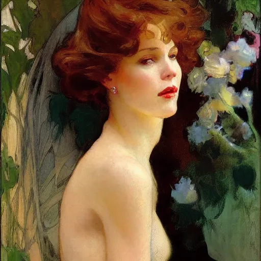 Image similar to portrait of a beautiful woman by gil elvgen, greg manchess, mucha, sorrolla, john singer sargent