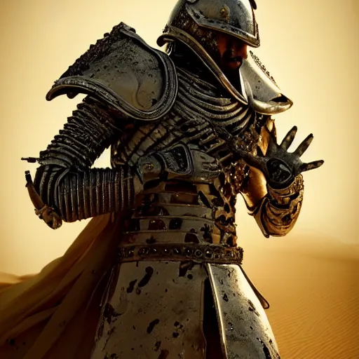 Image similar to the king in the desert dead on the ground, blood on sand, fighting in a dark scene, detailed scene, killed in war, Armour and fallen Crown, highly detailed, blood and dust in the air, action scene, cinematic lighting, dramatic lighting, trending on artstation, elegant, intricate, character design, motion and action and tragedy, fantasy, D&D, highly detailed, digital painting, concept art