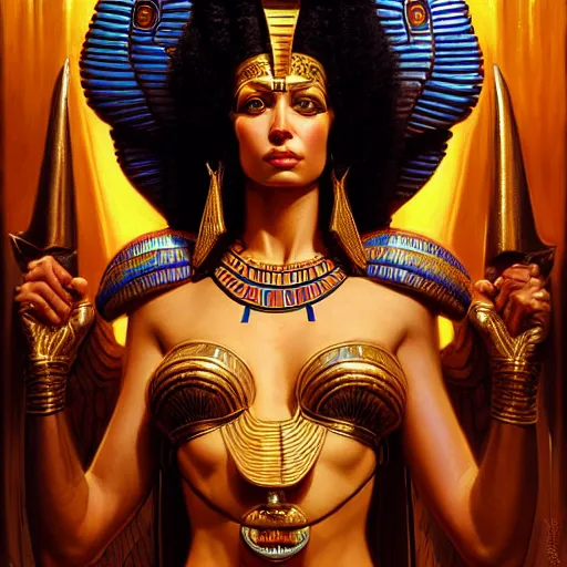 Image similar to egyptian goddess by guillermo del toro, intricate, elegant, highly detailed, centered, digital painting, artstation, concept art, smooth, sharp focus, illustration, donato giancola, Joseph Christian Leyendecker, WLOP, Boris Vallejo